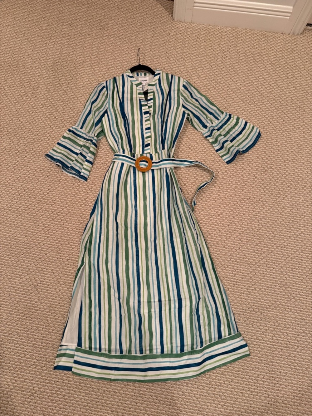Striped Green & Blue Long-Sleeve Midi Dress with Belt